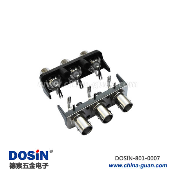 801-0007 三同軸bnc連接器射頻母頭彎式50歐姆黑色塑膠外殼PCB板端