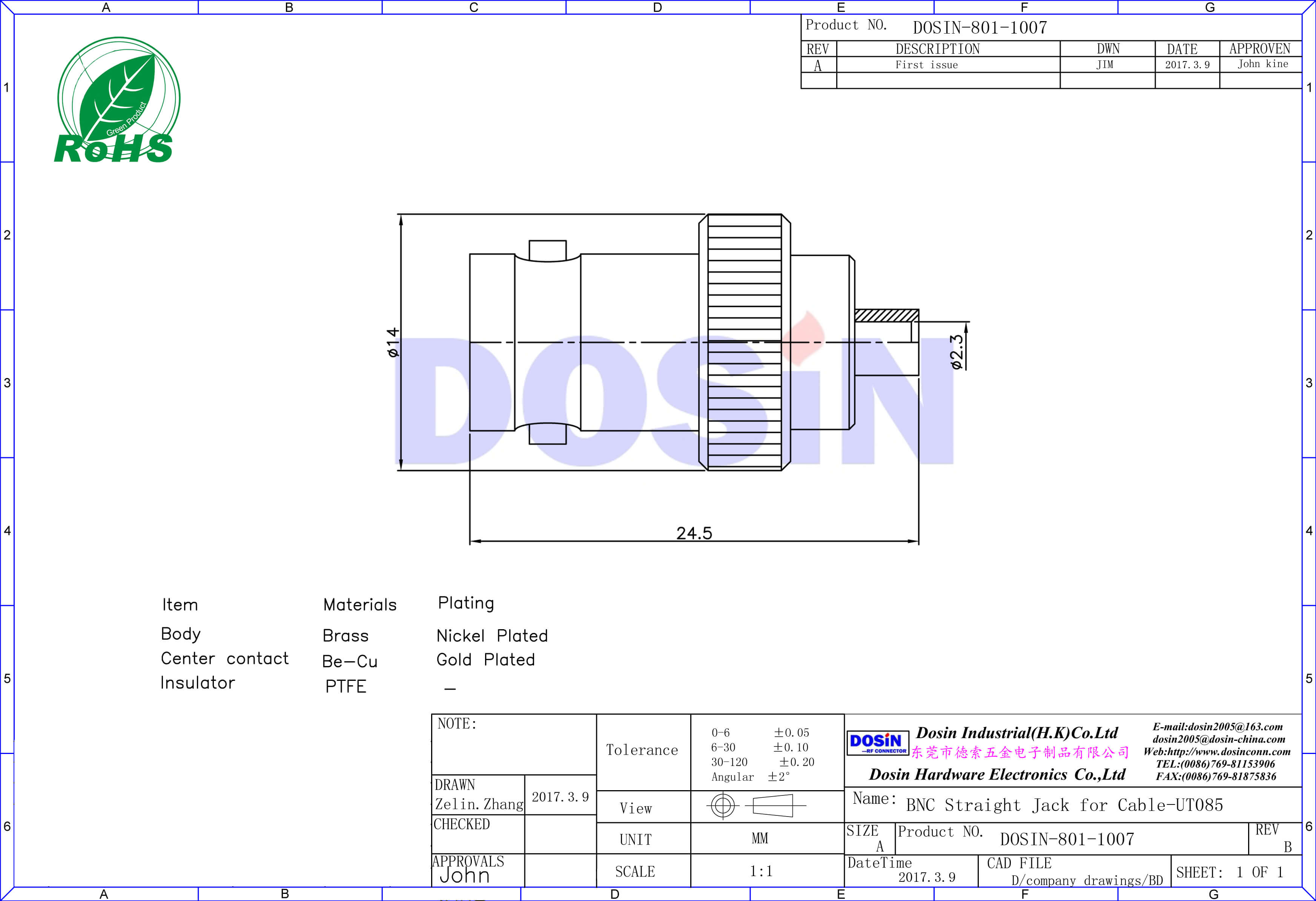 BNC直式射頻同軸 50歐姆 鋅合金母頭 電纜連接器