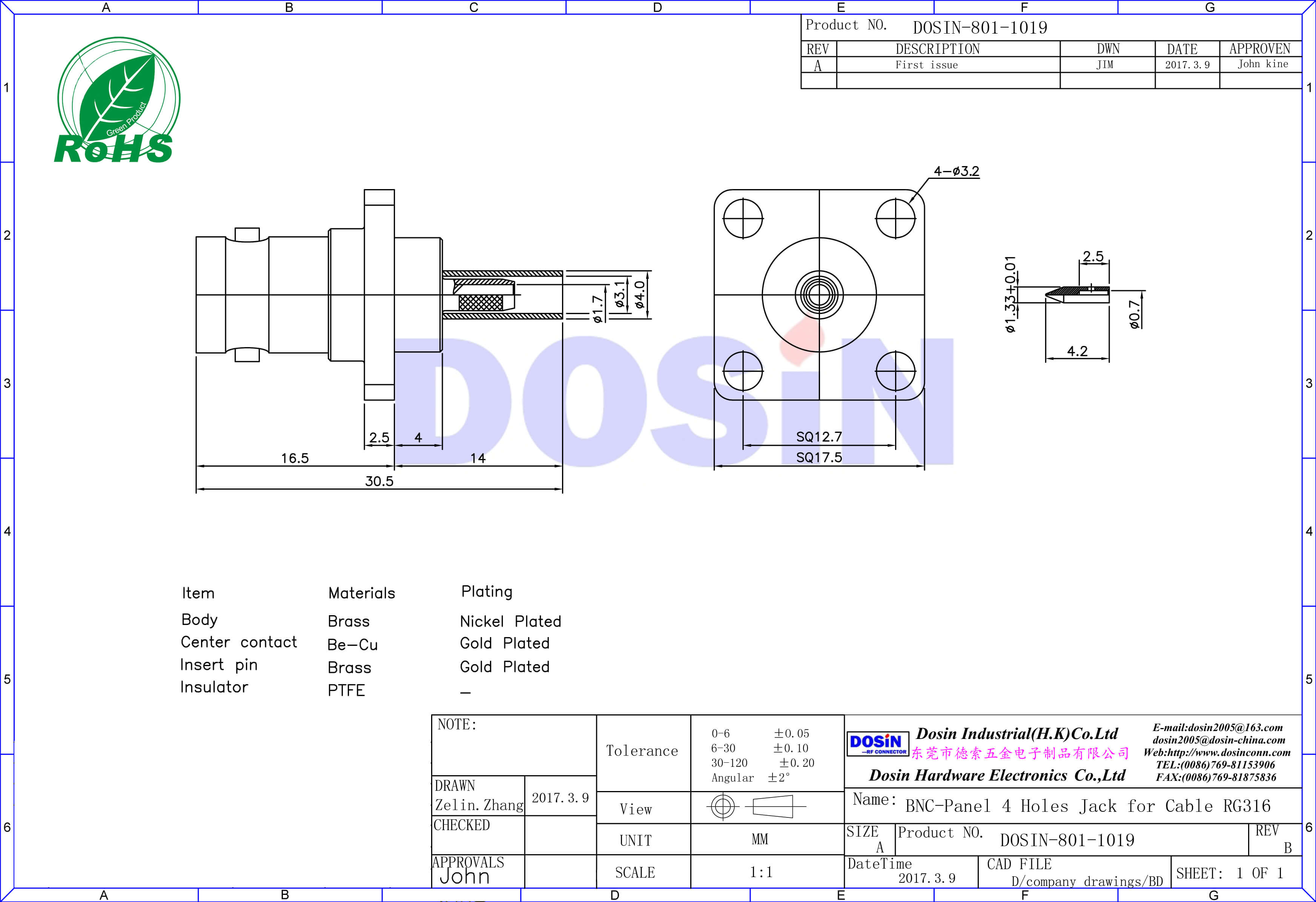 BNC方形4孔法蘭鋅合金射頻同軸線纜連接器
