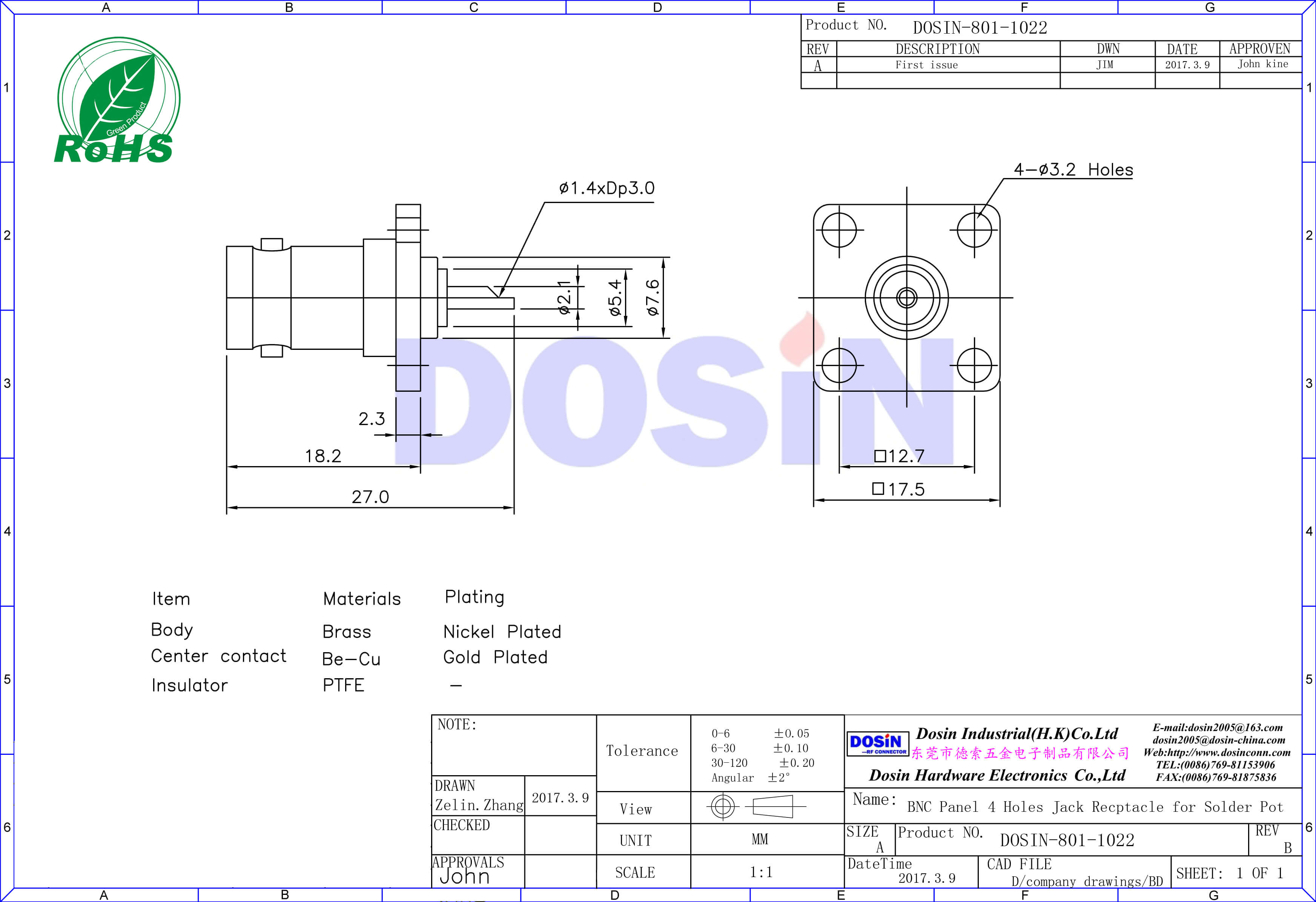 BNC4孔方形法蘭直式射頻同軸連接器母頭PCB板端