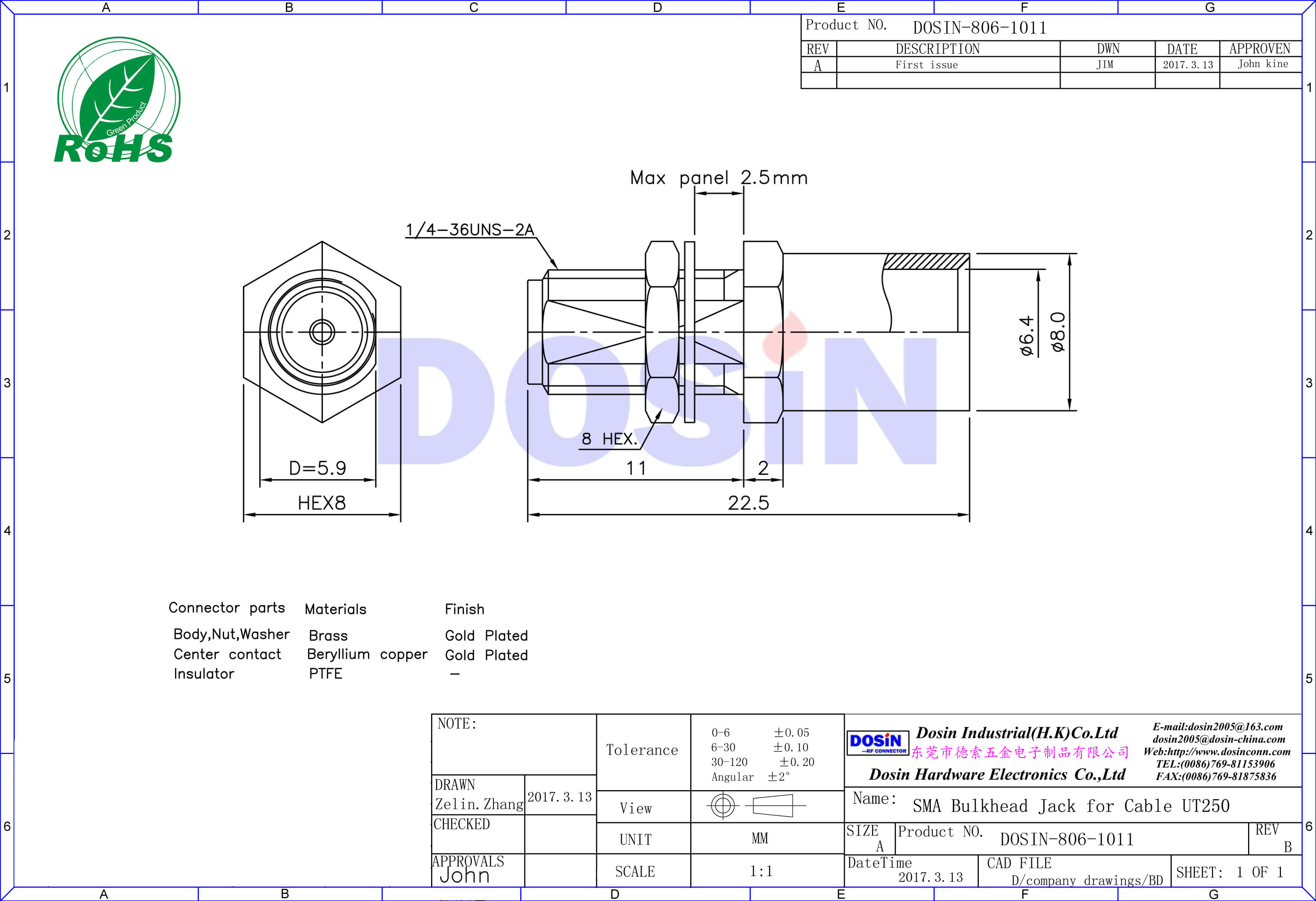 sma連接器穿墻接頭母頭射頻同軸連接線纜 UT250 