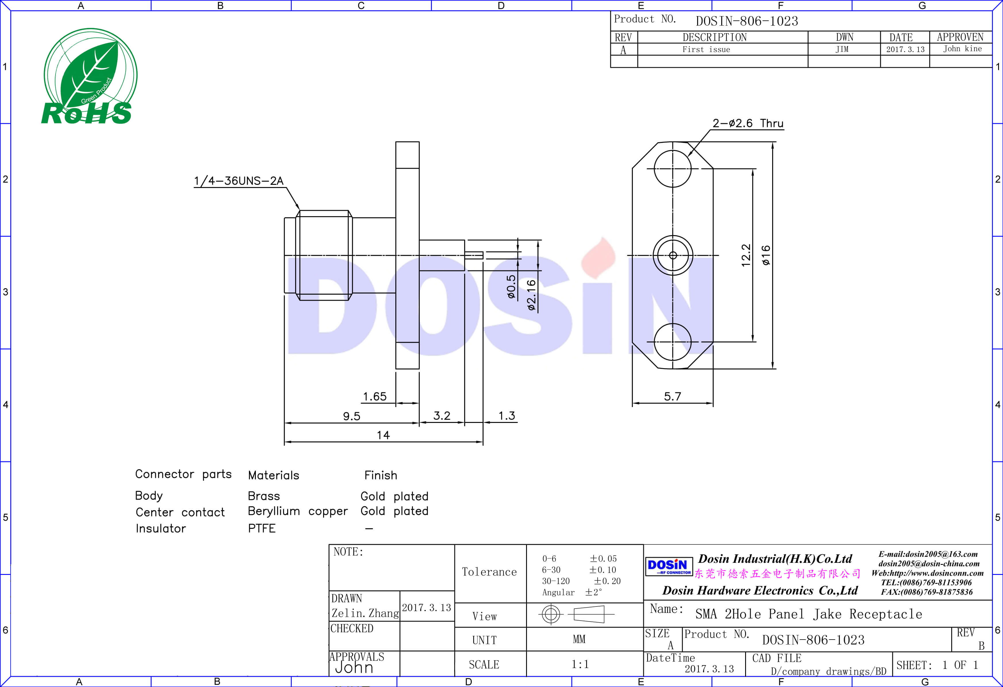 sma射頻同軸鍍金法蘭2孔直式母頭