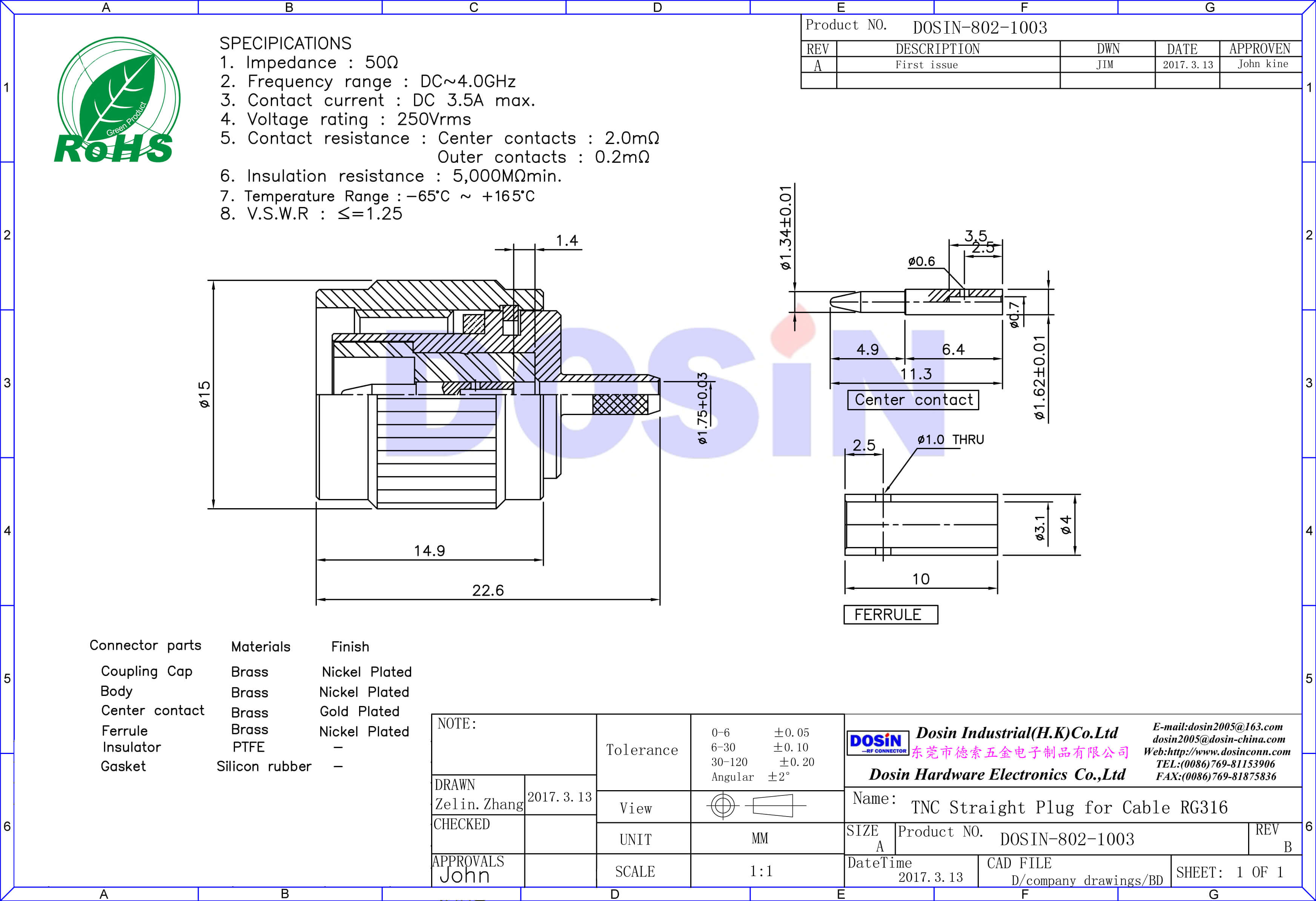 tnc射頻同軸連接器直式壓接線纜RG316