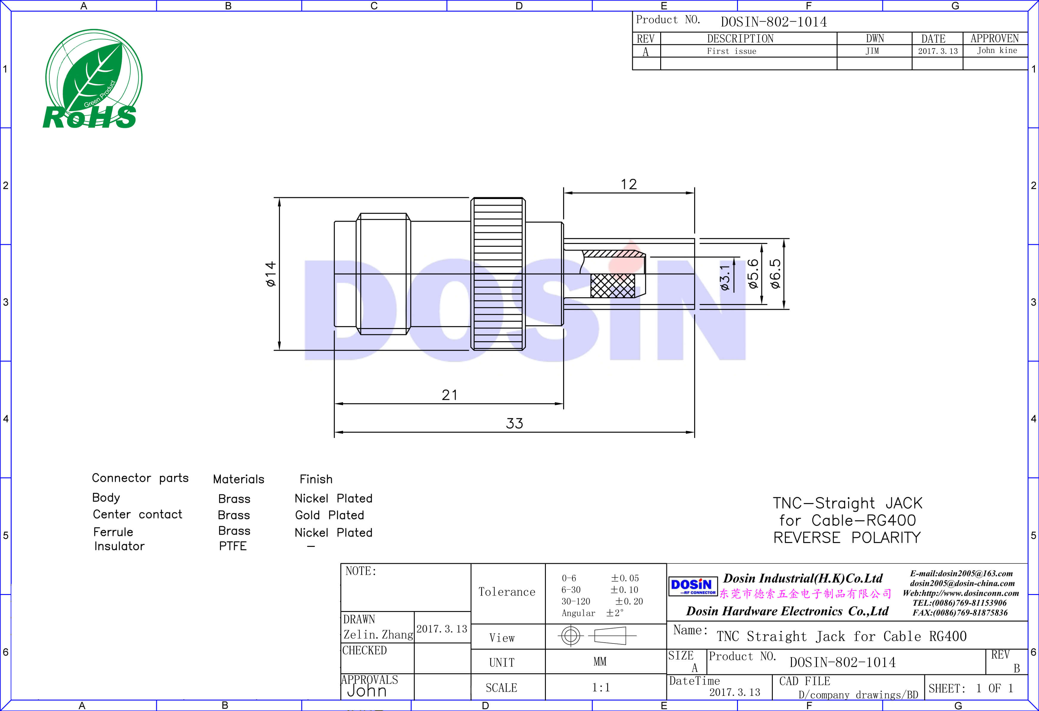 tnc母頭接頭rf射頻直式壓接RG400 同軸線纜