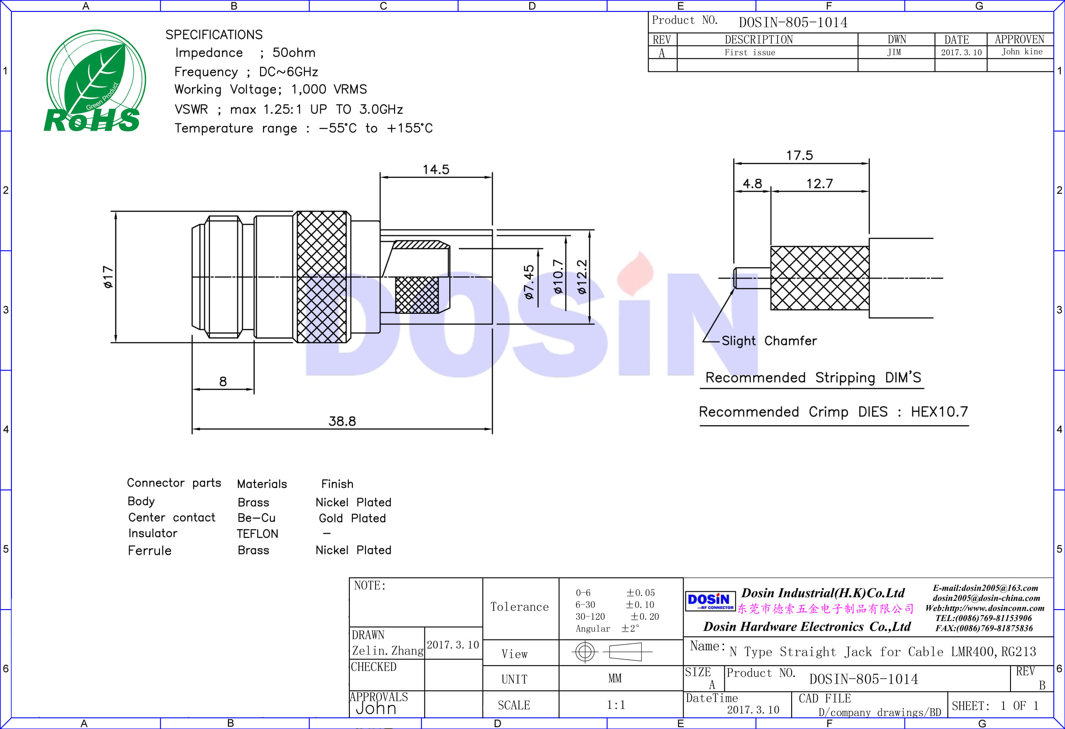 N系列接頭母頭直式壓接同軸線纜LMR400,RG213
