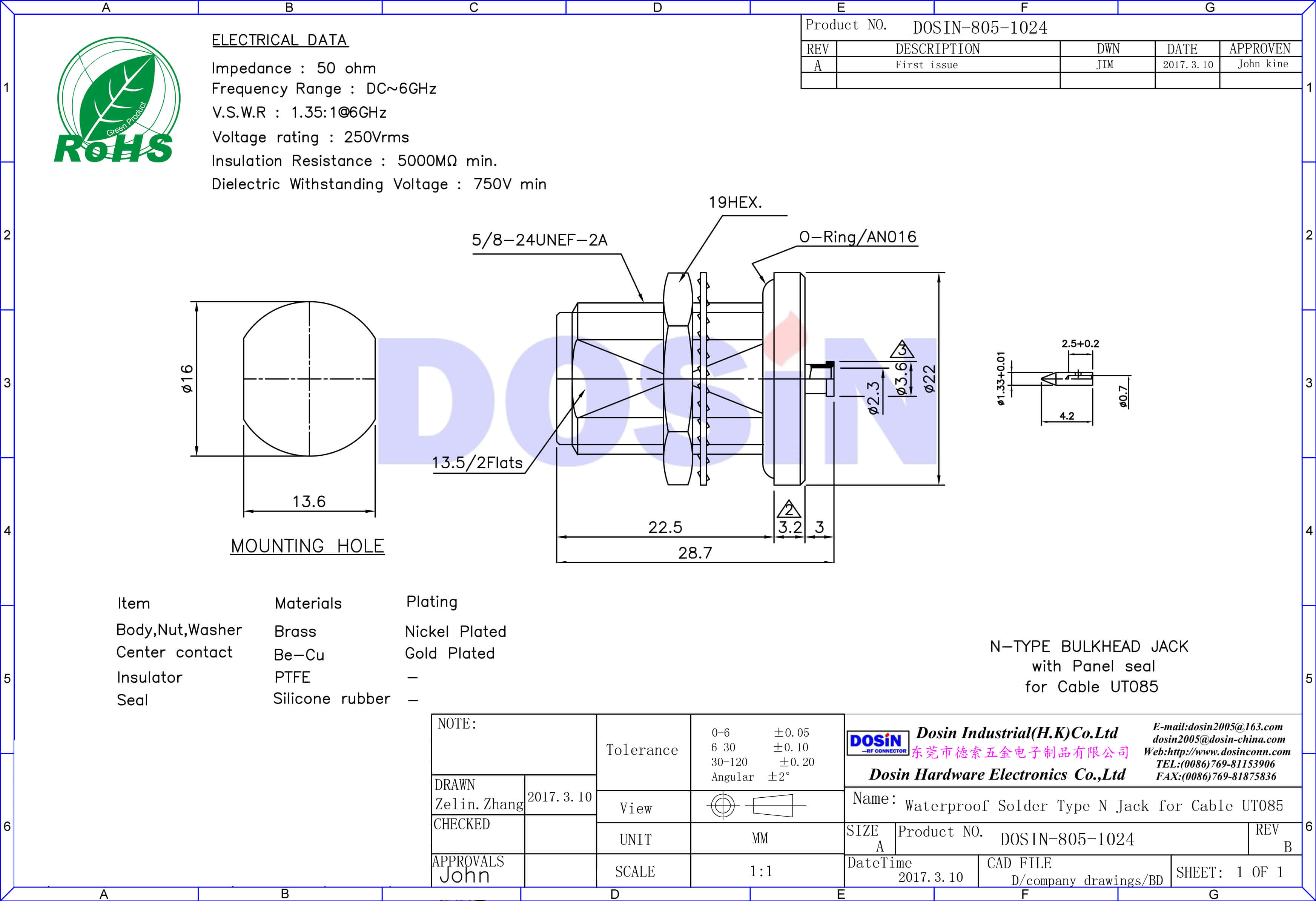 n頭母頭直式穿墻防水同軸線纜UT085