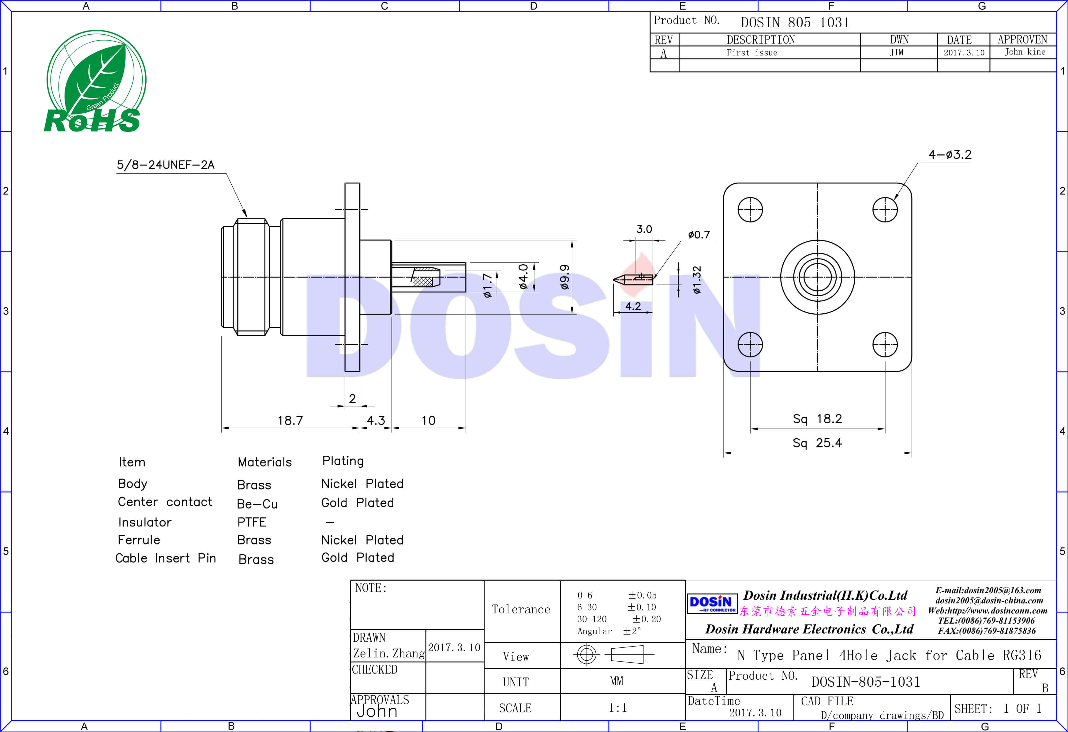 n連接器,同軸線纜,母頭,50歐,直式,4孔法蘭,RG316 ,面板安裝