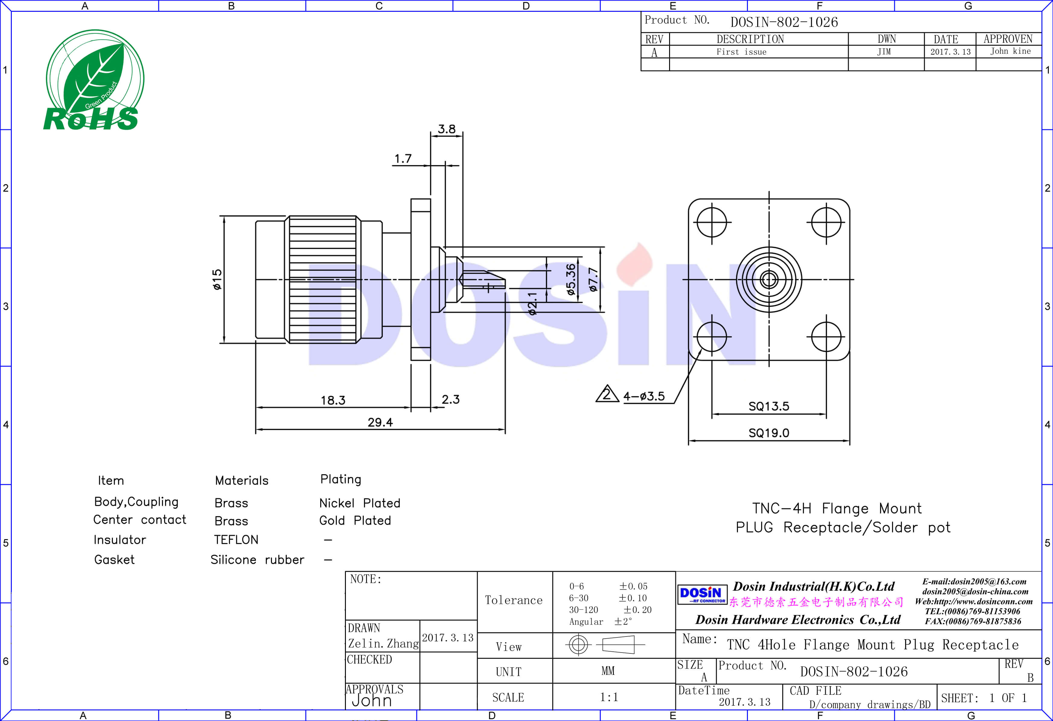 tnc焊接直式公頭4孔方形法蘭盤(pán)面板安裝