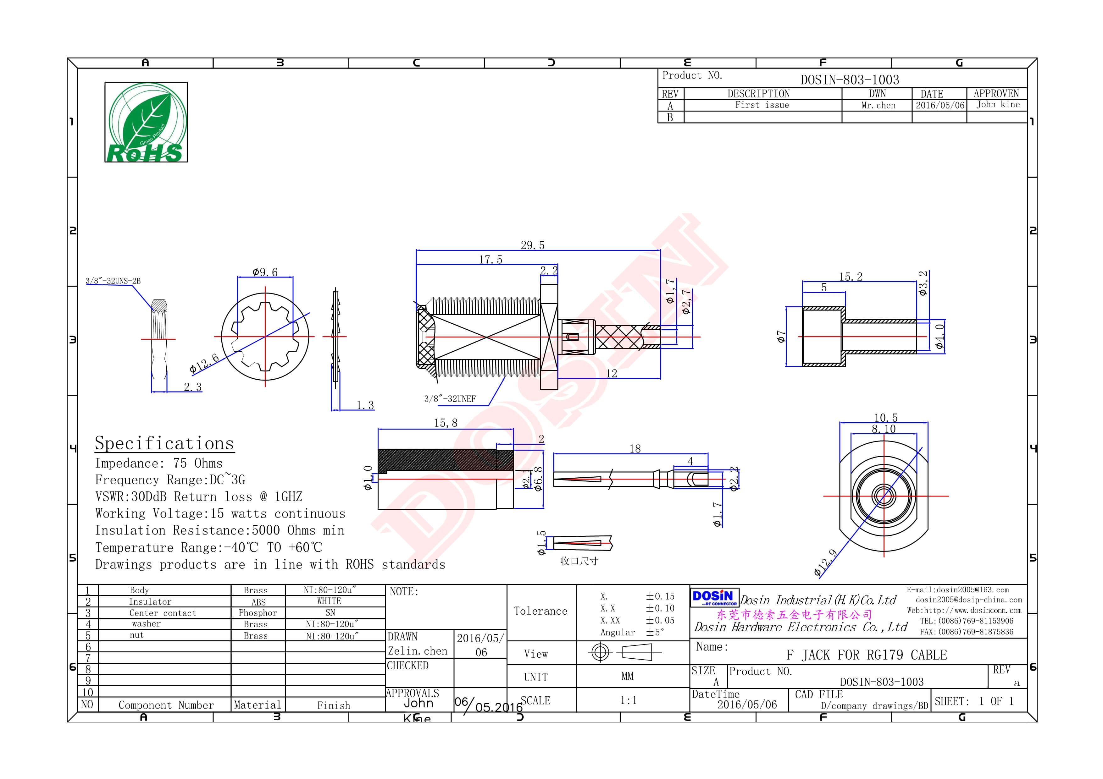 英制f母頭直式防水接線RG316壓接式