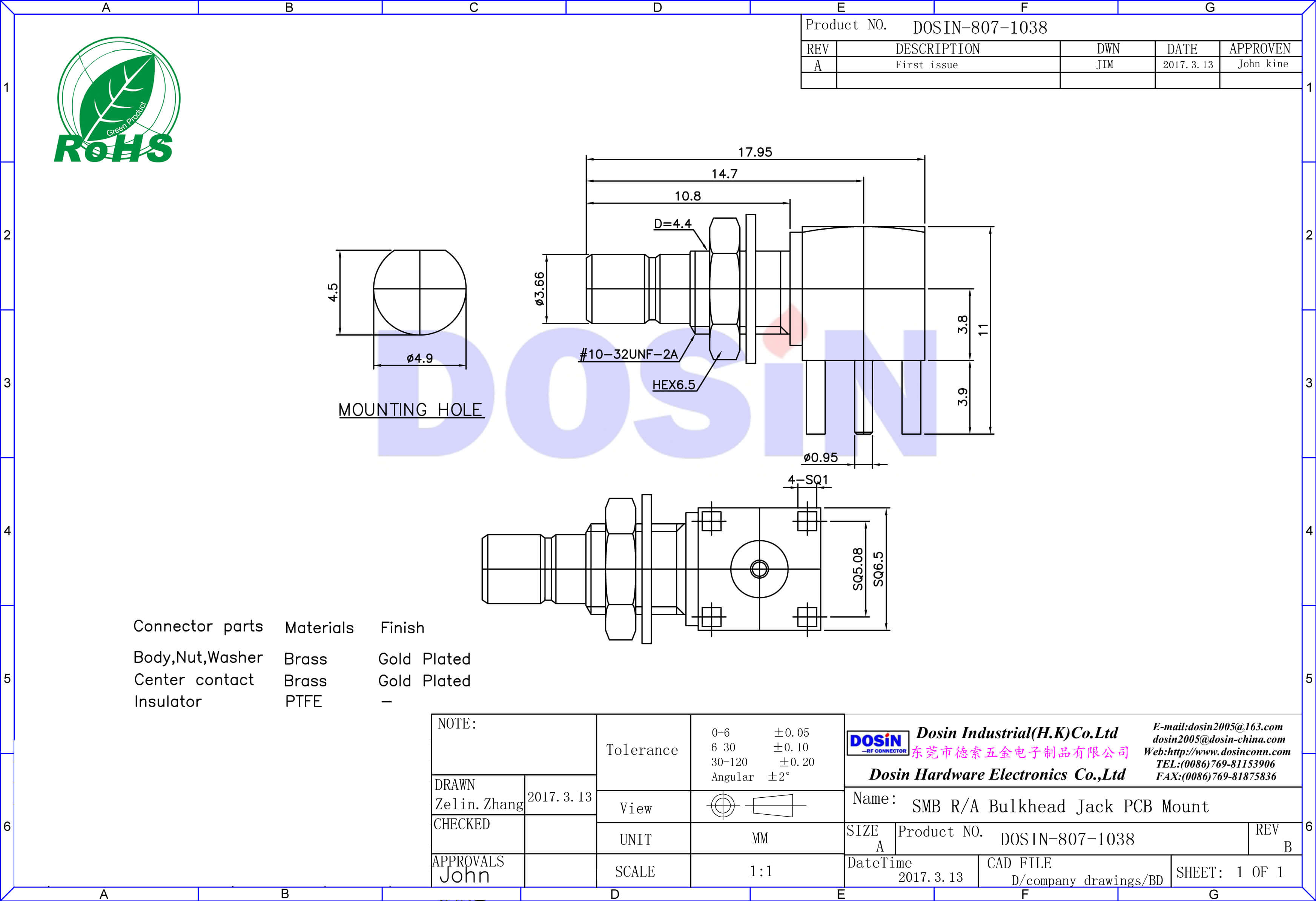 smb連接器母頭彎式射頻同軸連接器接pcb板穿墻式