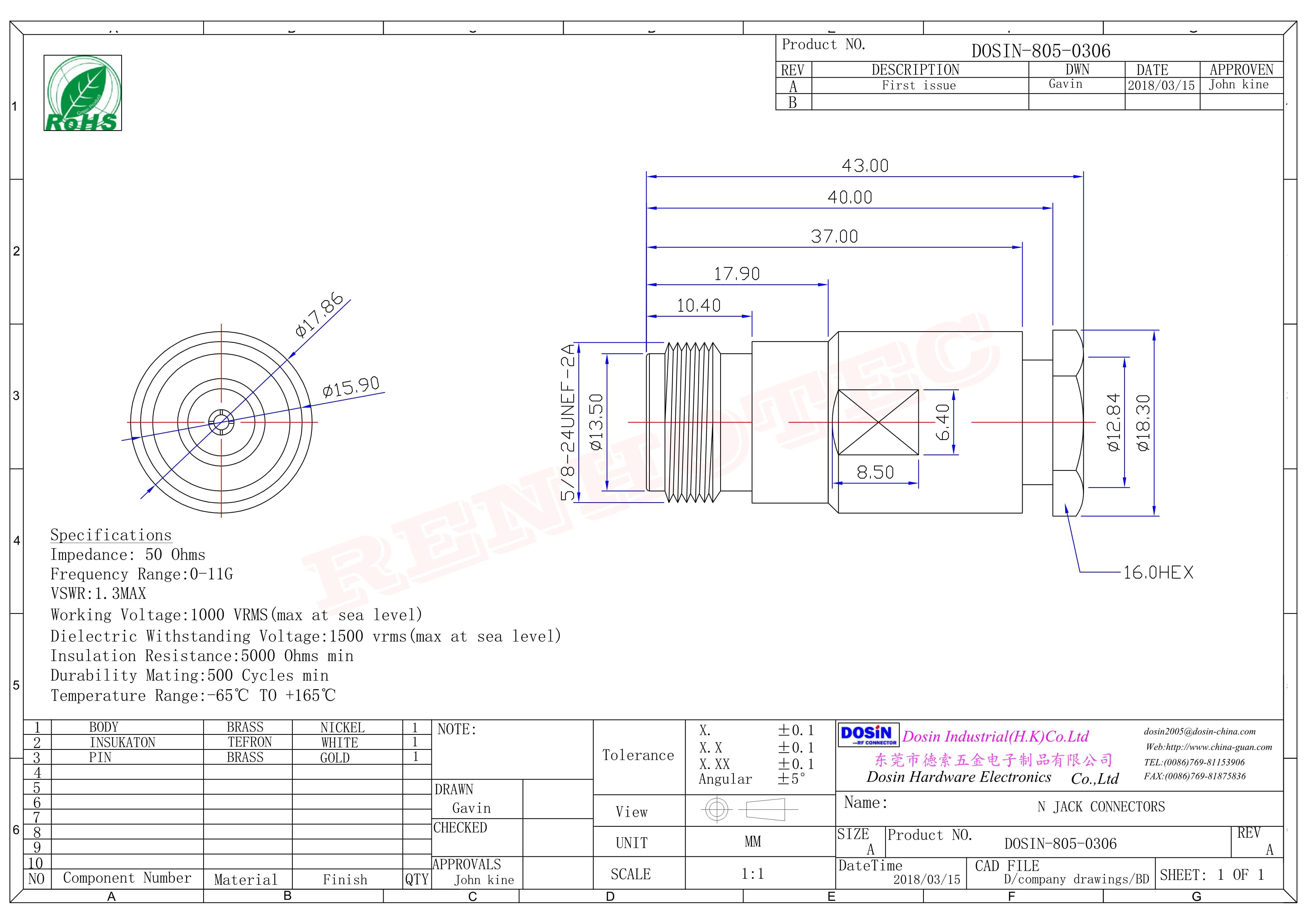 N型母頭射頻同軸連接器直式螺母鎖緊
