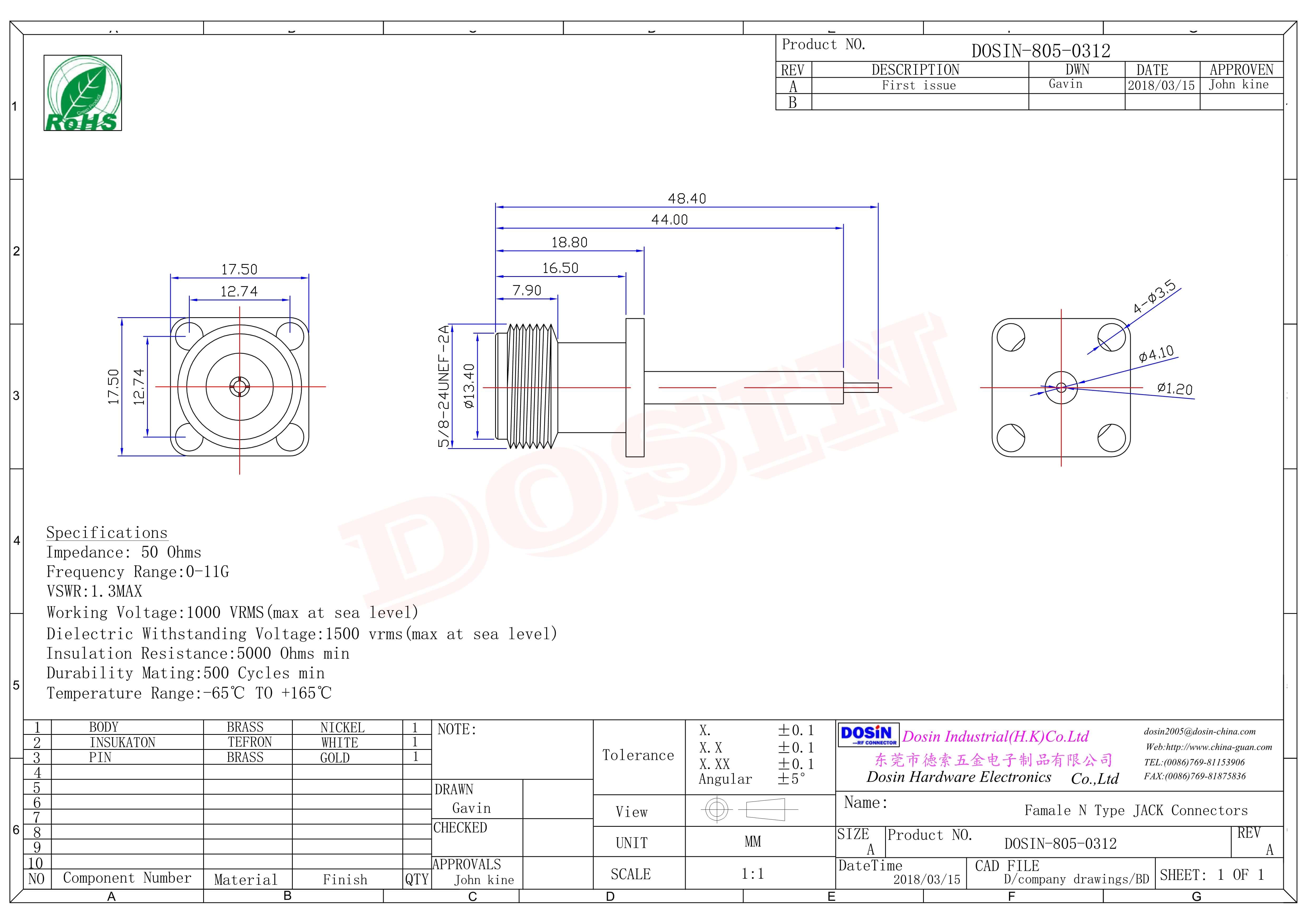 N型法蘭接頭直式母頭四孔法蘭面板安裝