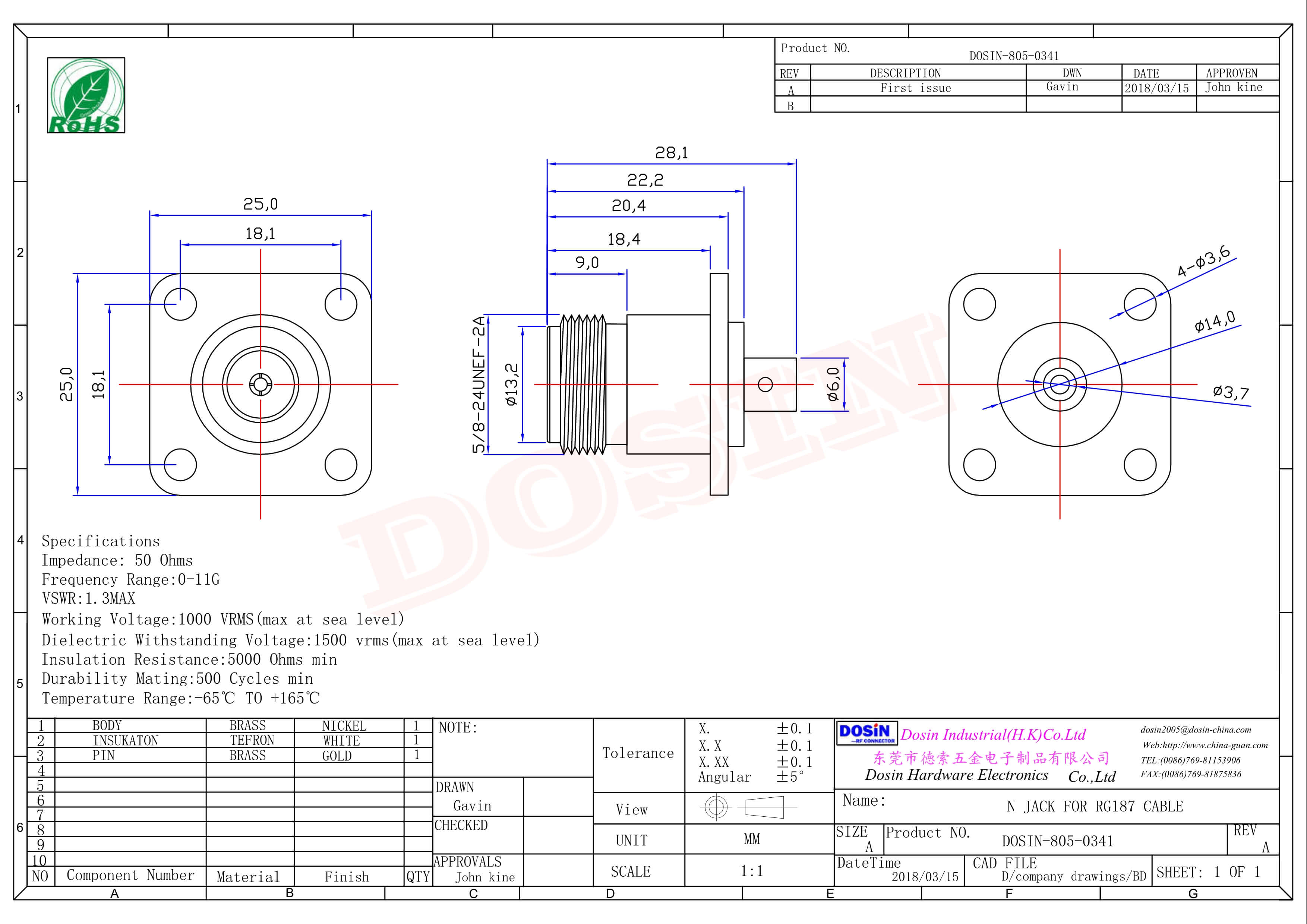 法蘭N型射頻接頭rf直式母頭四孔法蘭焊接式