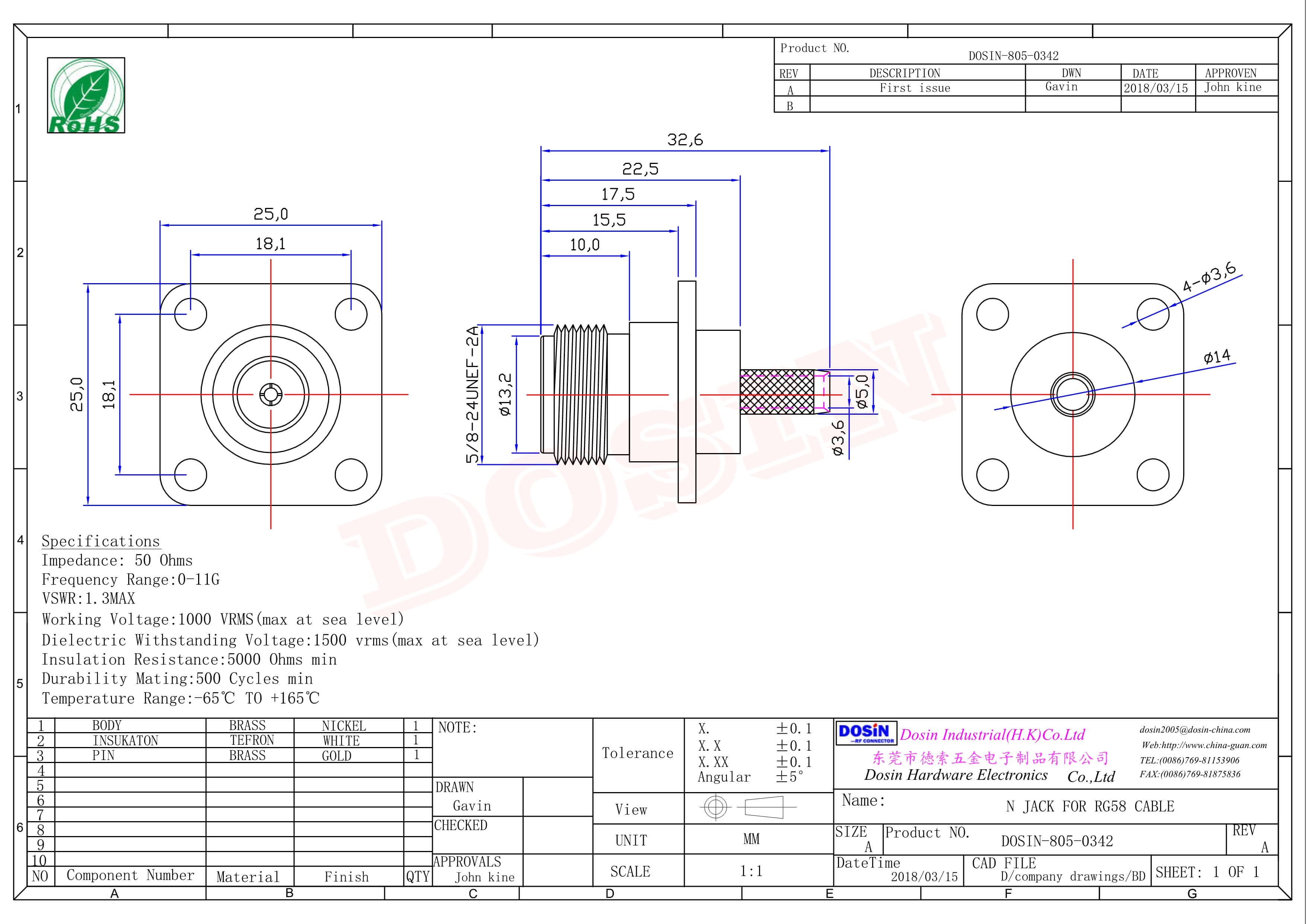 法蘭N型射頻接頭直式母頭四孔法蘭壓接式接同軸線纜