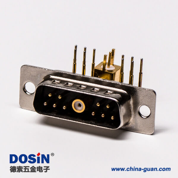 DB11w1射頻公座90°焊板光孔帶鉚鎖彎式黑膠接PCB連接器