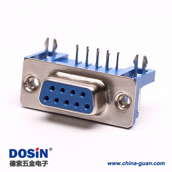 9Pin D-Sub母座彎角連接器鉚鎖藍(lán)膠接PCB板