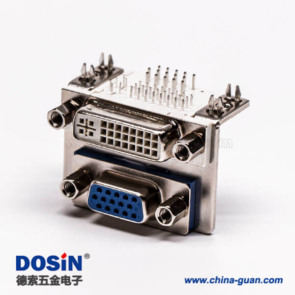 DVI接口與15針接口雙胞胎藍(lán)膠彎式母頭接PCB板連接器