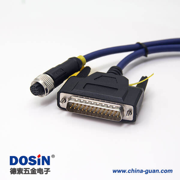 m12電纜插頭直式母頭A型轉D-Sub公頭25pin兩邊帶螺絲線長1米