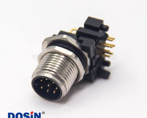 m12 8芯公頭連接器插座彎式插PCB板螺紋前鎖板防水傳感器
