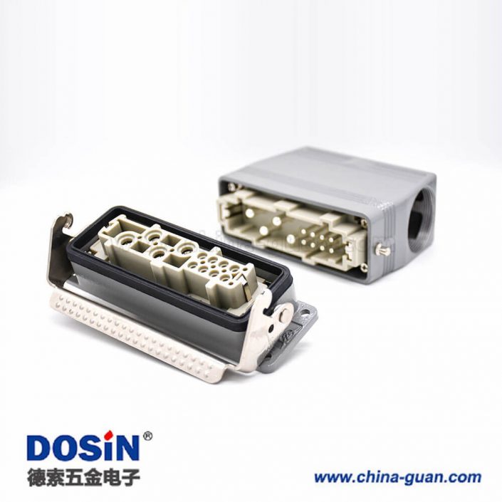 HDC連接器公母對(duì)接高結(jié)構(gòu)斜出口開(kāi)孔安裝12芯H24B外殼鐵扣PG29