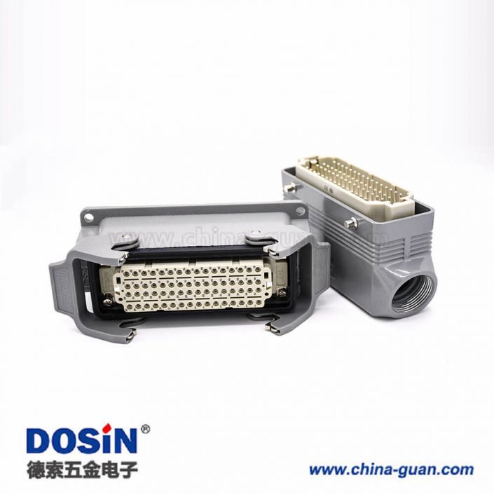 矩形防水連接器重載64芯H24B外殼公母對(duì)接PG21表面安裝斜出口塑料鐵扣
