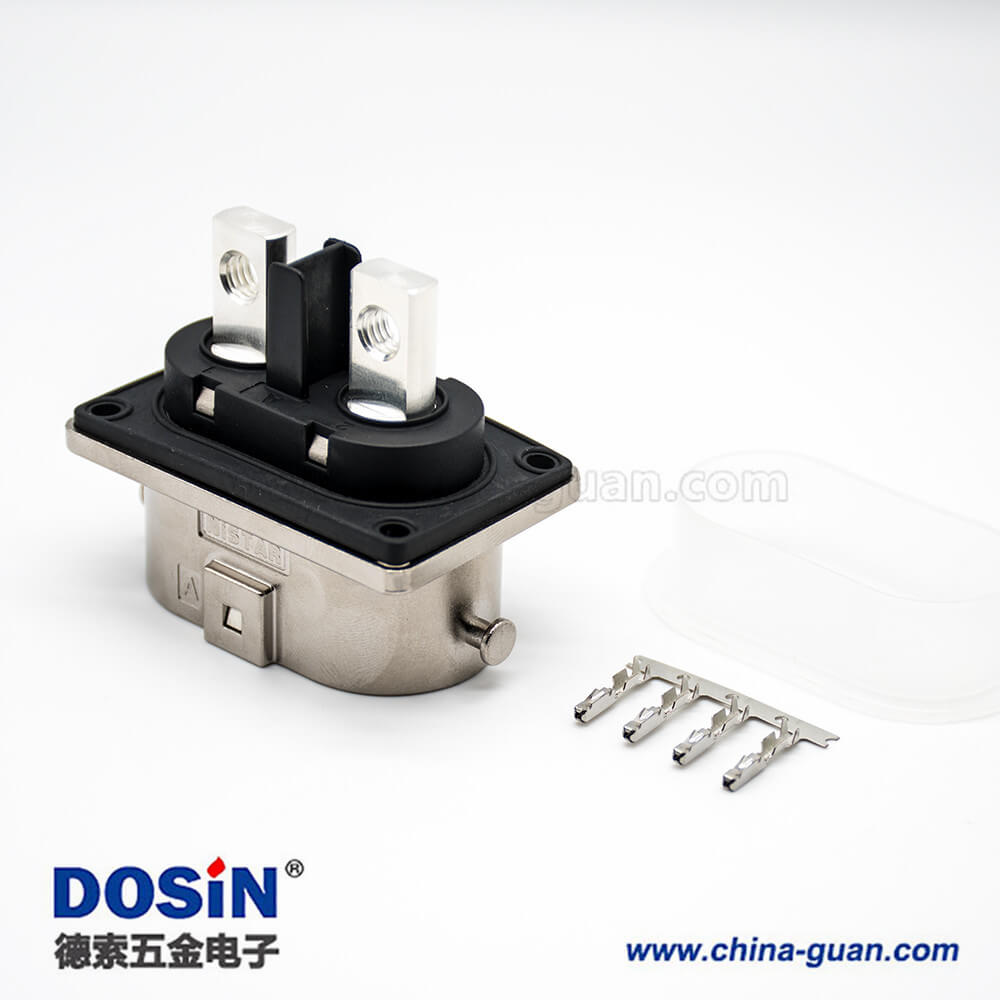 高壓互鎖連接器2芯直式插座面板安裝4孔法蘭125A金屬外殼 高壓互鎖連接器2芯直式插座面板安裝4孔法蘭125A金屬外殼