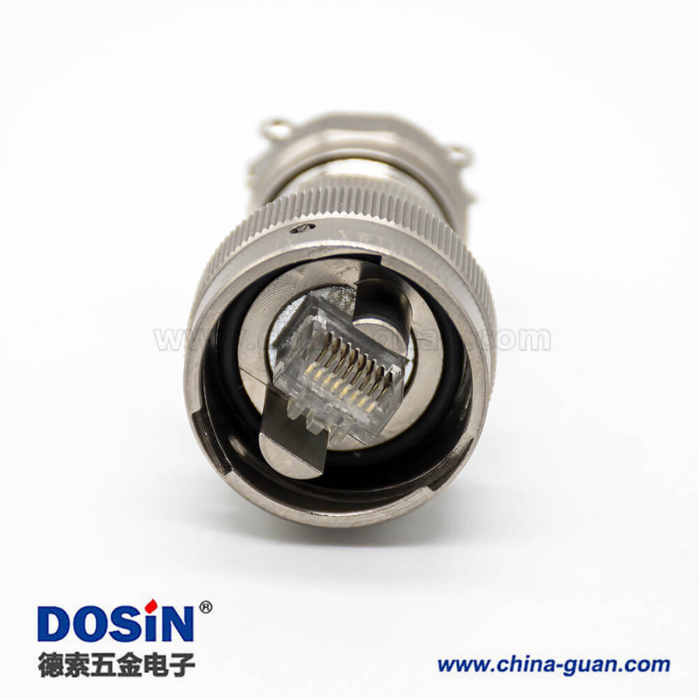 YW圓形RJ-45內(nèi)置接口卡口連接公母對接插頭接線焊接插座面板安裝焊接4孔法蘭直式連接器