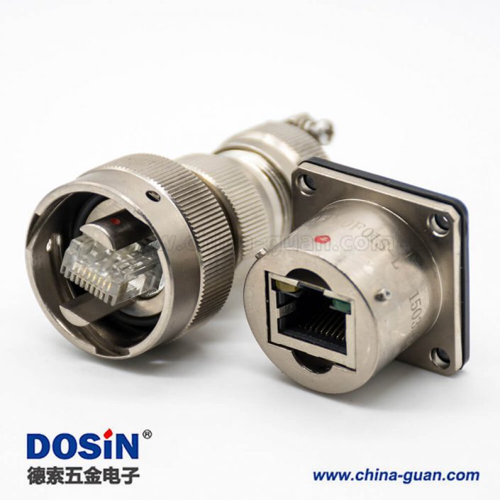 YW圓形RJ-45內(nèi)置接口卡口連接公母對(duì)接插頭接線焊接插座面板安裝焊接4孔法蘭直式連接器