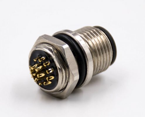 M12插座17芯A扣公頭直式防水帶屏蔽后鎖板板端插座接線焊接式傳感器連接器