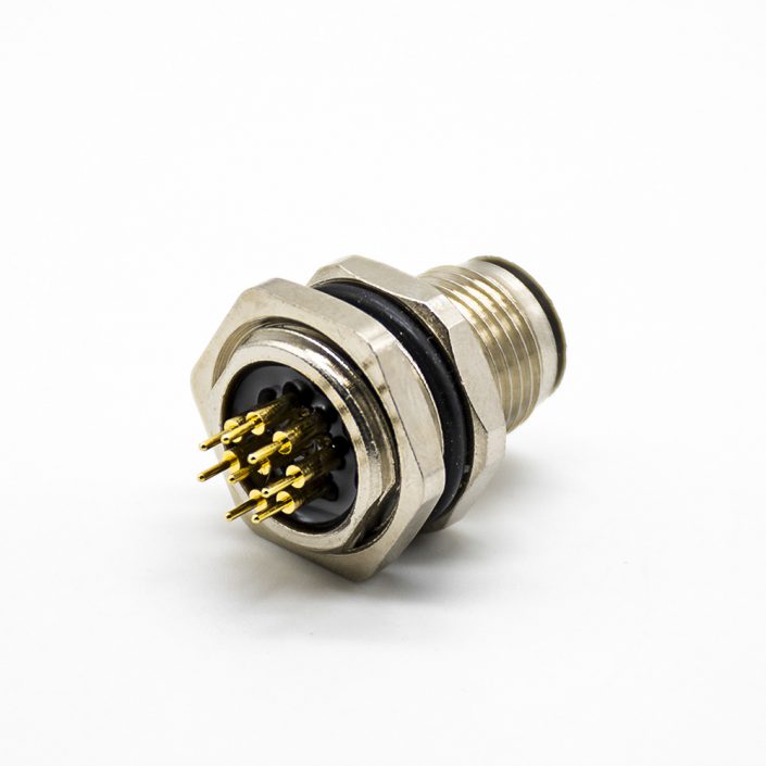 插座8芯后鎖板A扣直式公頭接PCB板防水M12傳感器連接器