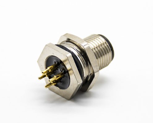 4芯插座M12圓形連接器直式A扣公頭前鎖板防水接PCB板安裝