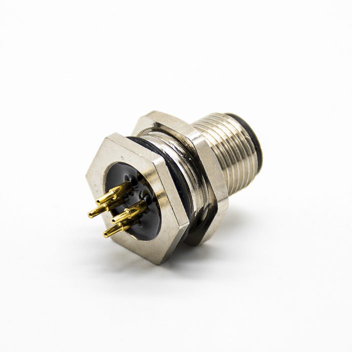 4芯插座M12圓形連接器直式A扣公頭前鎖板防水接PCB板安裝