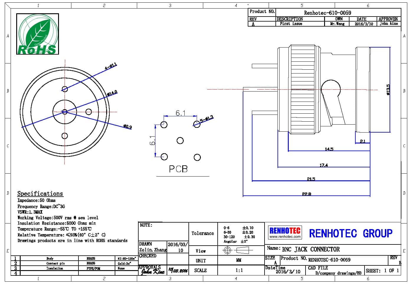 BNC直式鋅合金 反極插頭射頻同軸連接器PCB板端