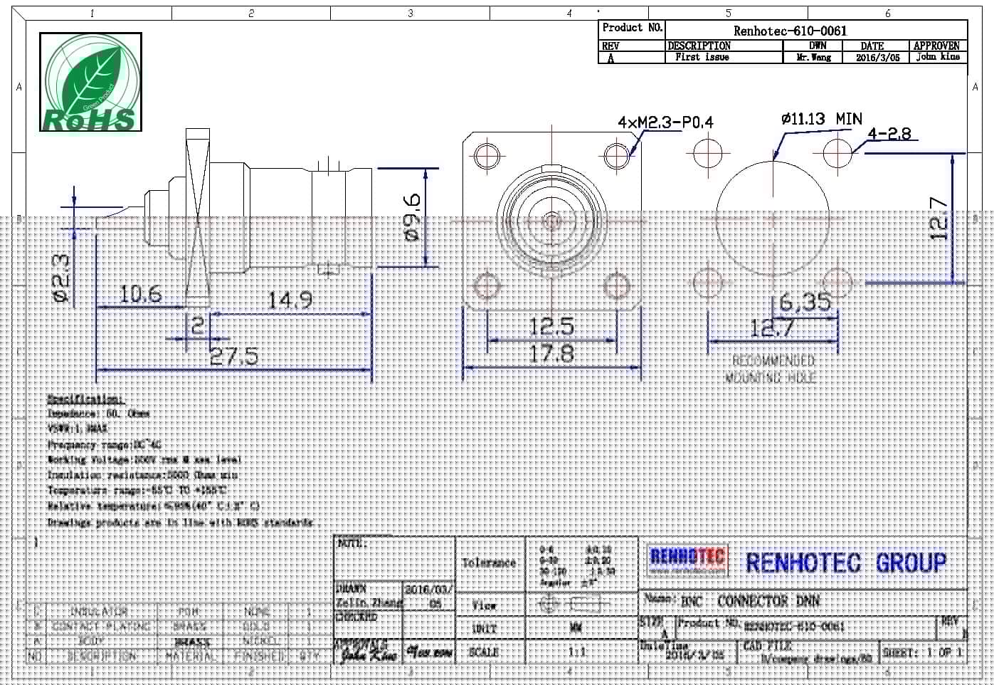 4孔方形法蘭母頭直式 鋅合金 BNC射頻同軸連接器