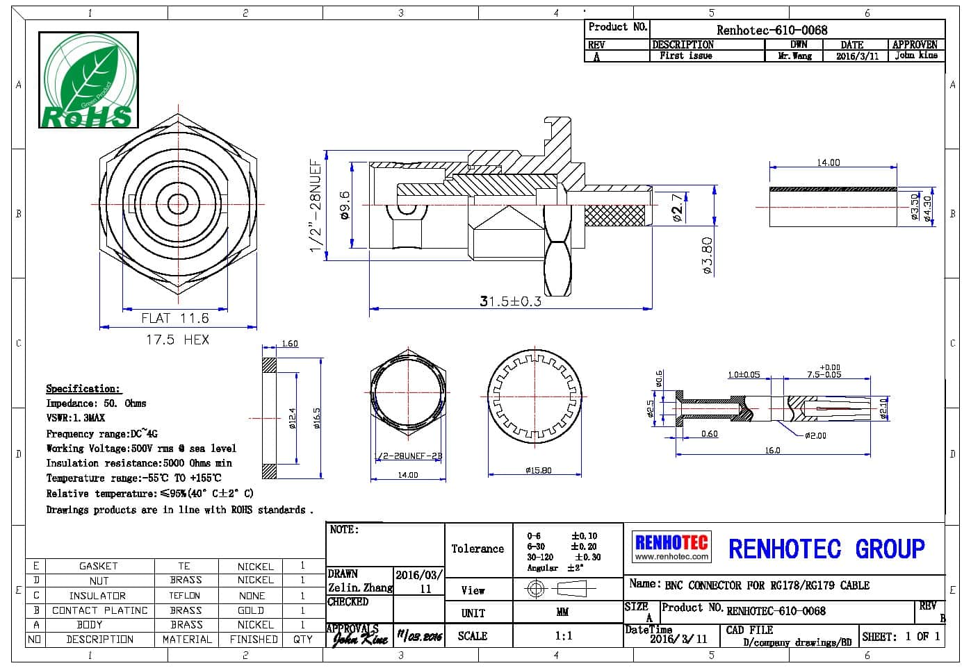 壓接型電連接器防水直式穿墻BNC射頻同軸接線(xiàn)