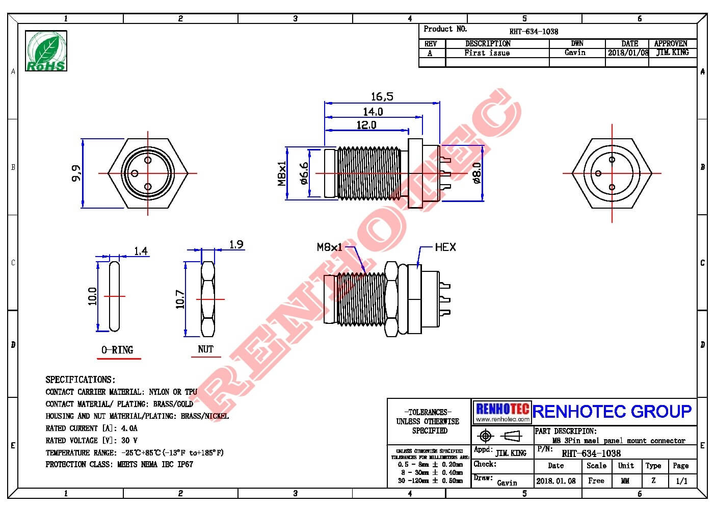 M8連接器直頭公插座削邊PCB插板式A型3芯航空工業(yè)連接器