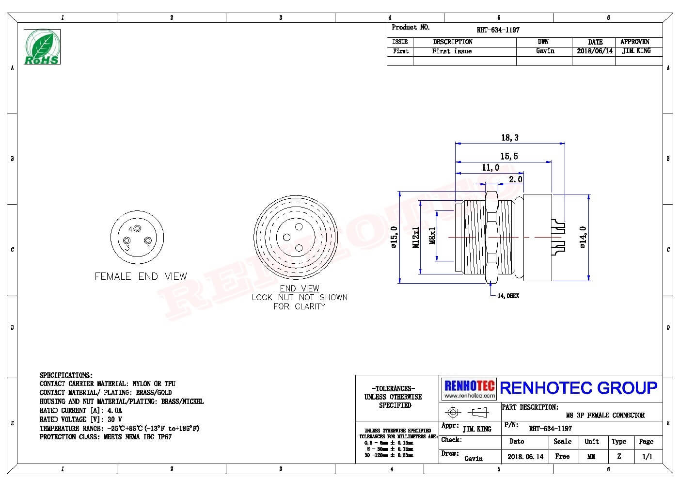 傳感器M8連接器接線 A型板端前鎖焊線式3芯母插座傳感器