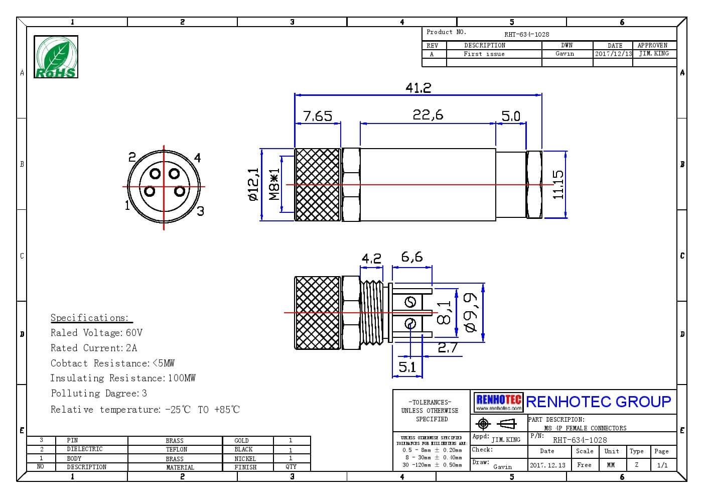 M8 4芯母插頭A型4芯直頭組裝式母插頭防水航空連接器