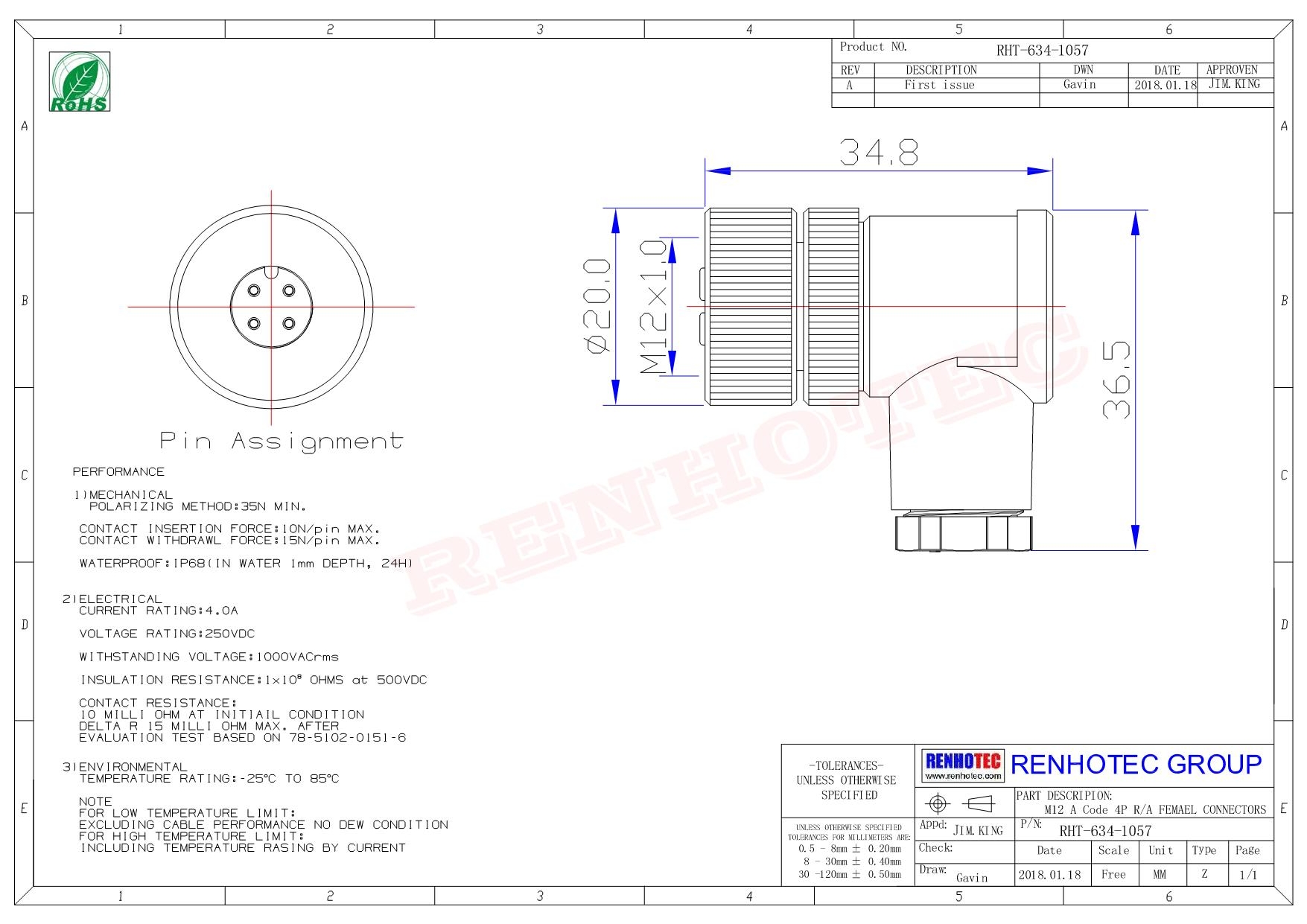 M12現場組裝插頭A編碼5芯母彎式不帶屏蔽塑料外殼PG7