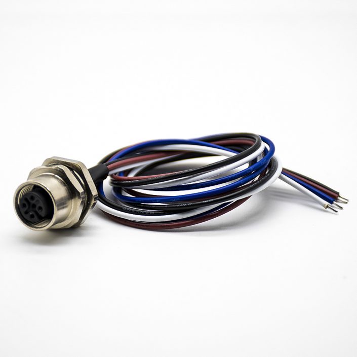 M12 A型母頭后鎖板4芯直式板端插座接線0.2M防水連接器