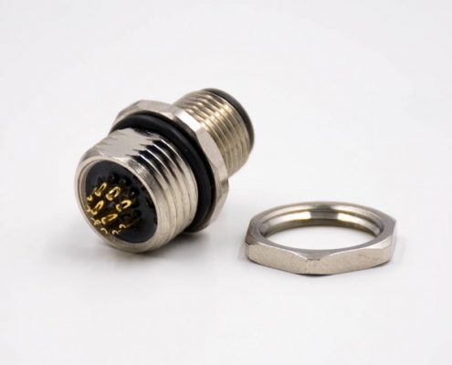 M12 12芯板端插座A扣直式公頭后鎖板接線焊接式防水連接器