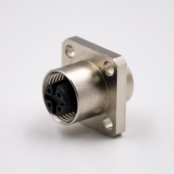 M12法蘭插座板端插座A扣4芯直式母頭面板安裝4孔法蘭連接器