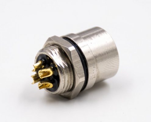 M12連接器4芯S扣母頭直式后鎖板板端插座接線焊接式防水帶屏蔽連接器