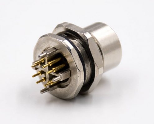 M12防水金屬連接器8芯X扣板端插座母頭直式插孔前鎖板傳感器