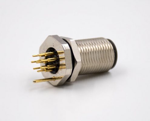 焊板M12板端插座A扣直式8芯公頭前鎖板接PCB板防水連接器