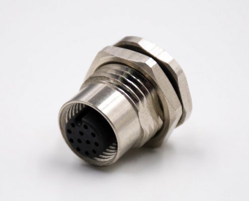 M12連接器母頭板端插座A扣直式12芯前鎖板接線防水帶屏蔽焊接式傳感器