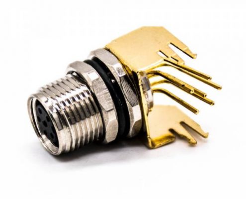 M8傳感器連接器6芯插座A扣彎式母頭PCB板安裝前鎖板帶鍍金支架