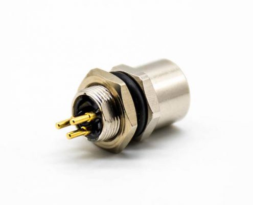 M8 3芯圓頭插座180°母頭PCB板安裝后鎖板防水連接器