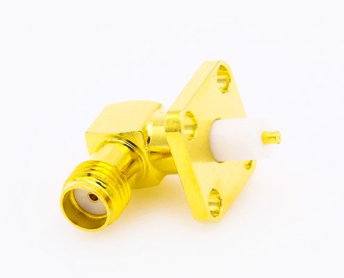 SMA 4孔法蘭安裝連接器母頭彎式焊板用于PCB安裝