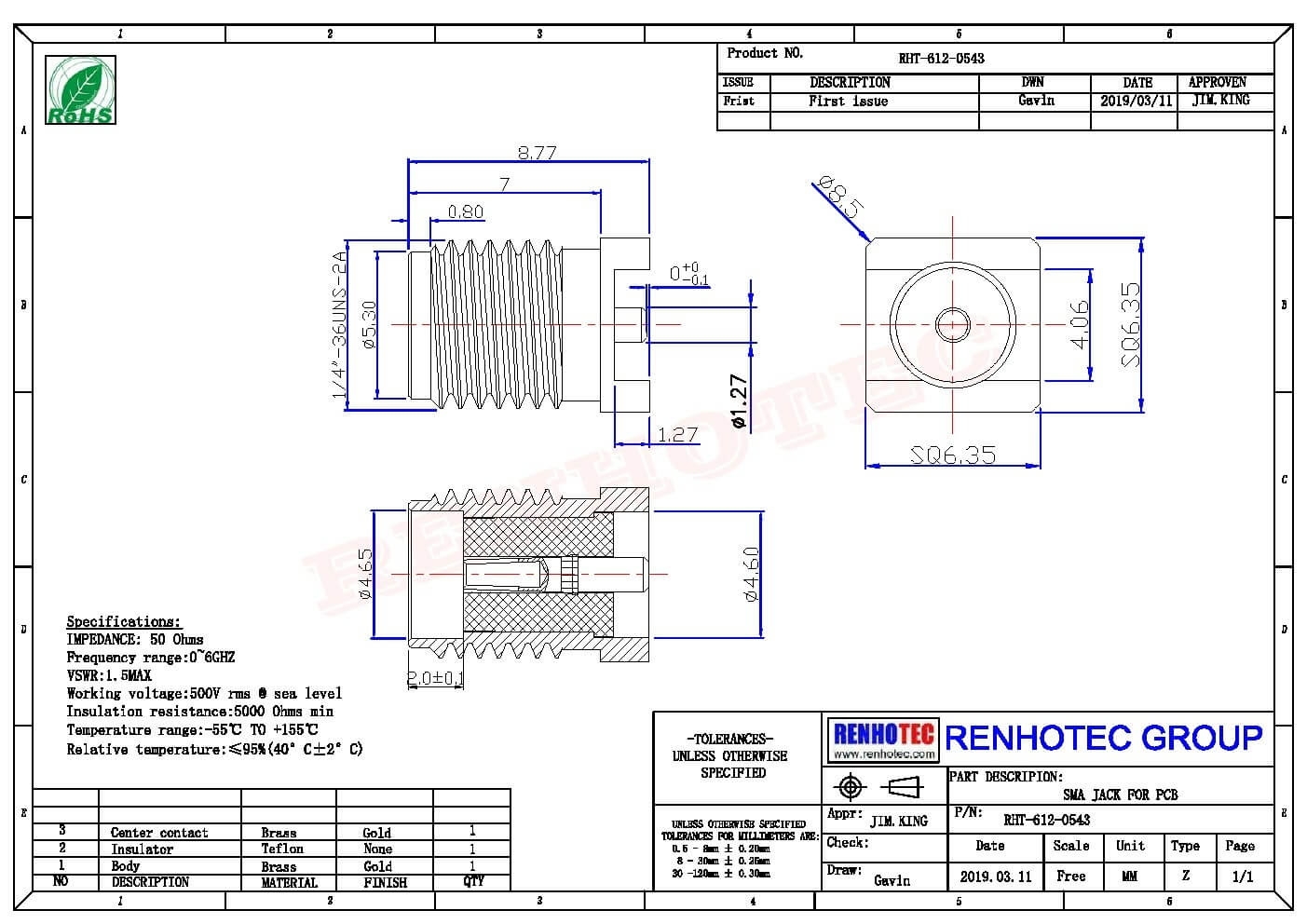 sma連接器貼板安裝母頭直式接PCB板